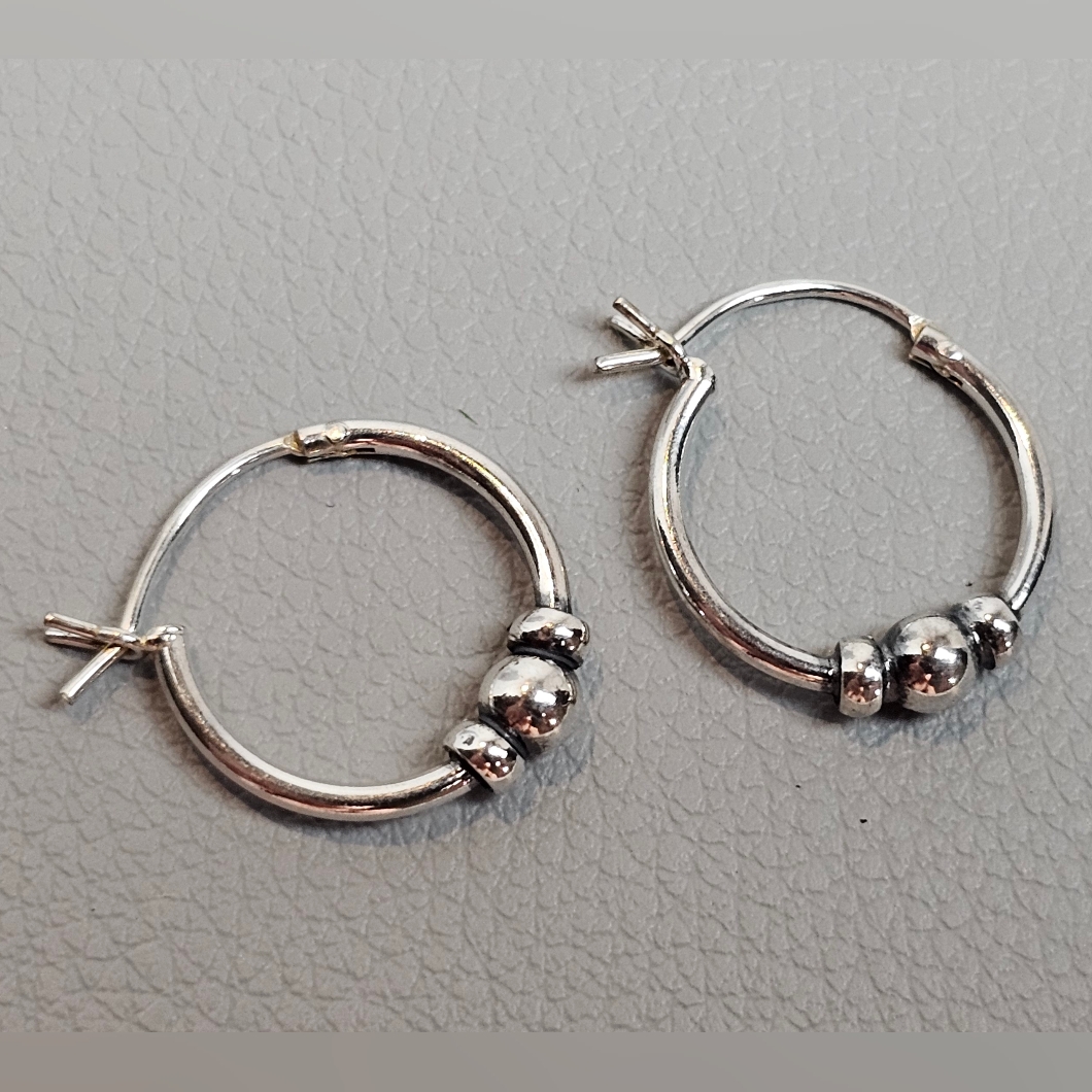 Bali Rope Beaded Silver Hoop Earrings